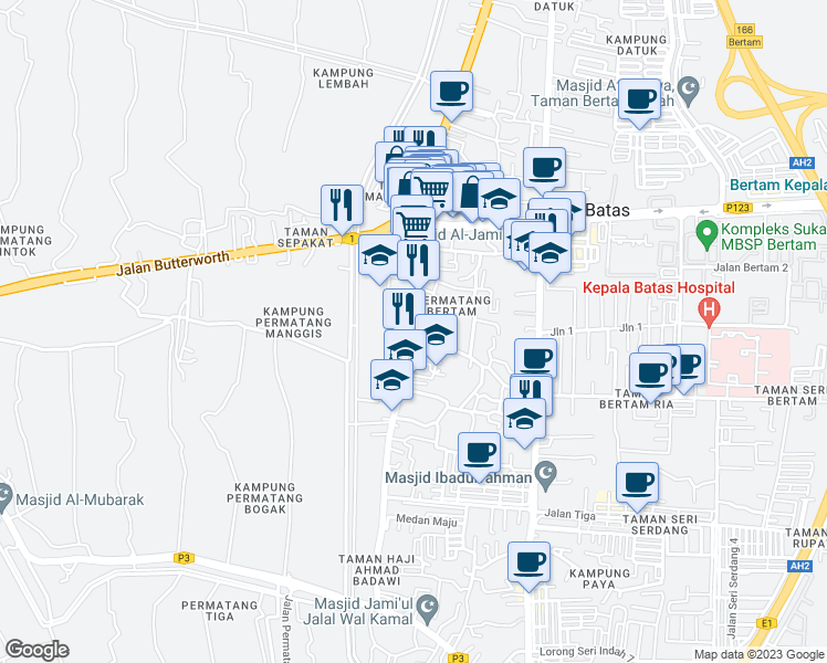 map of restaurants, bars, coffee shops, grocery stores, and more near 137 Jalan Perak in Penaga