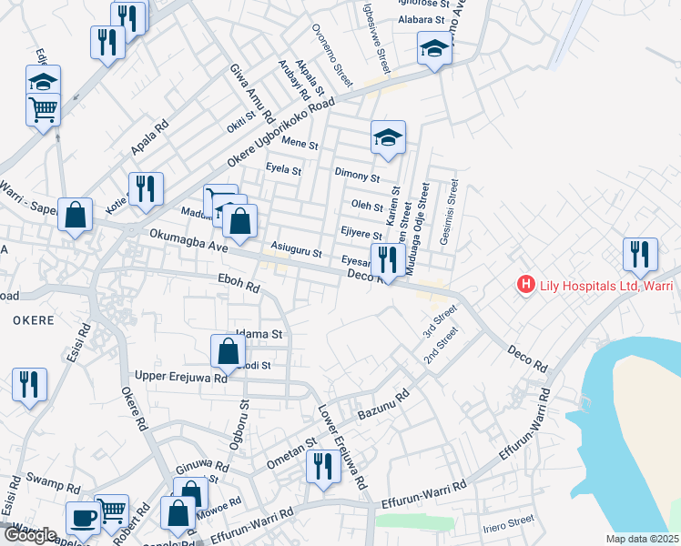 map of restaurants, bars, coffee shops, grocery stores, and more near Okumagba Avenue in Warri