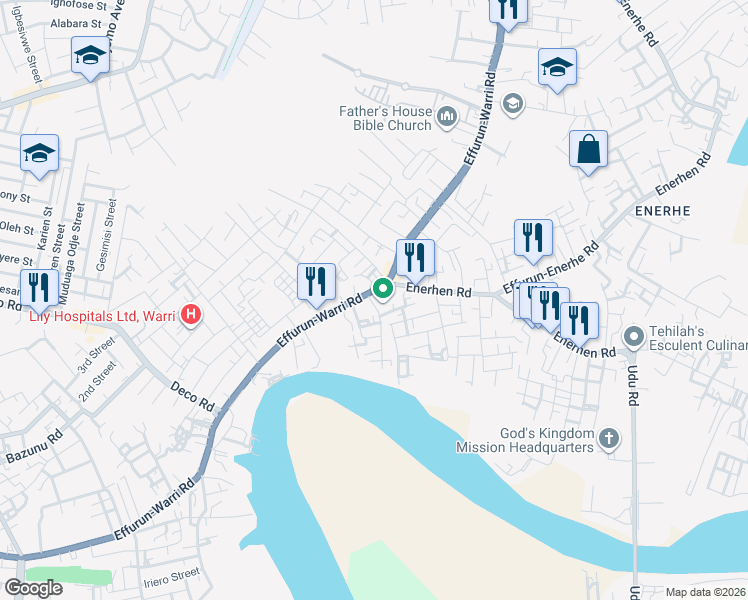 map of restaurants, bars, coffee shops, grocery stores, and more near Warri Sapele Road in Warri