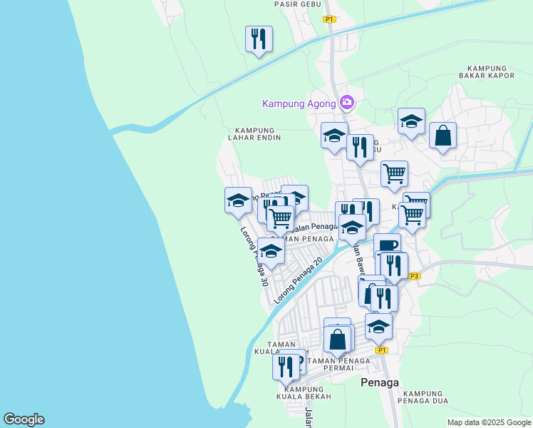 map of restaurants, bars, coffee shops, grocery stores, and more near 20 Lorong Penaga 31 in Penaga