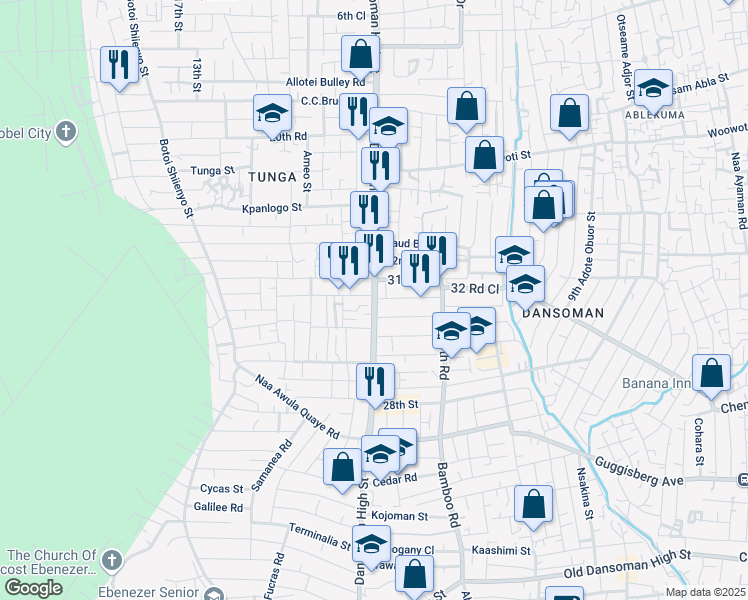 map of restaurants, bars, coffee shops, grocery stores, and more near Dansoman High Street in Accra