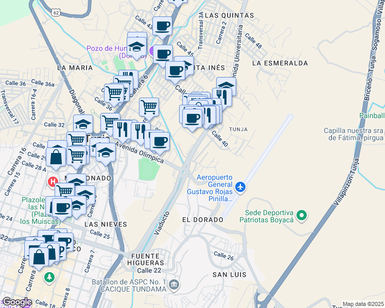 map of restaurants, bars, coffee shops, grocery stores, and more near Avenida Universitaria in Tunja