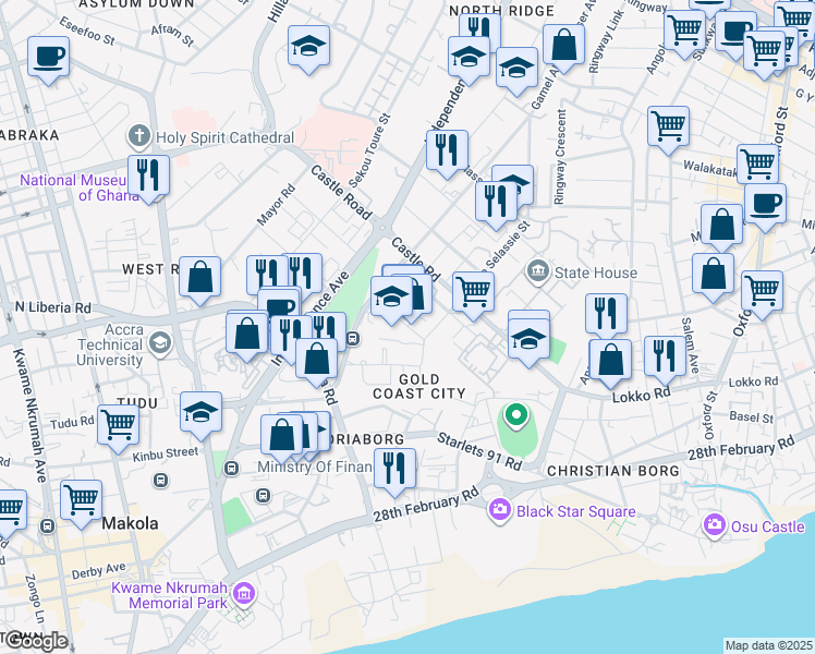 map of restaurants, bars, coffee shops, grocery stores, and more near Egypt Road in Accra