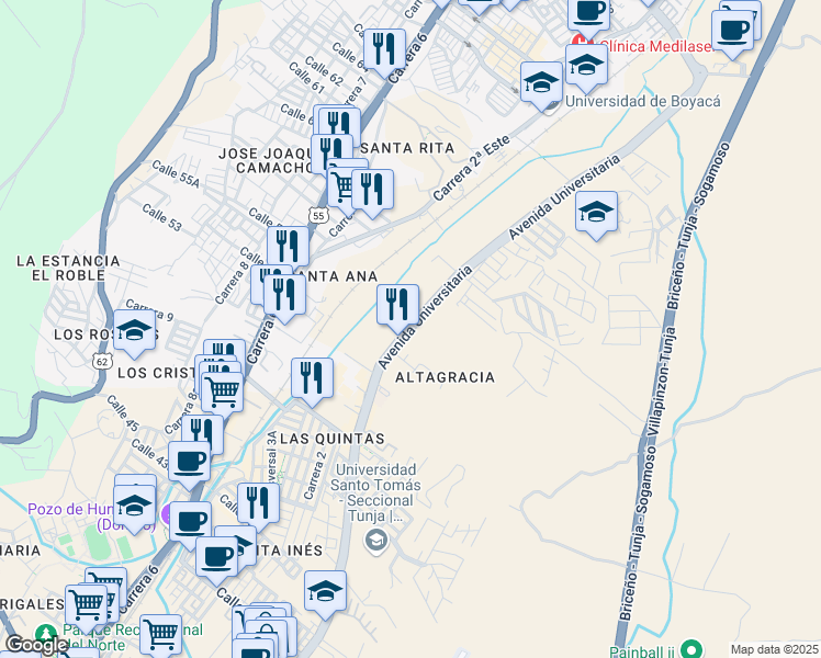 map of restaurants, bars, coffee shops, grocery stores, and more near Avenida Universitaria in Tunja