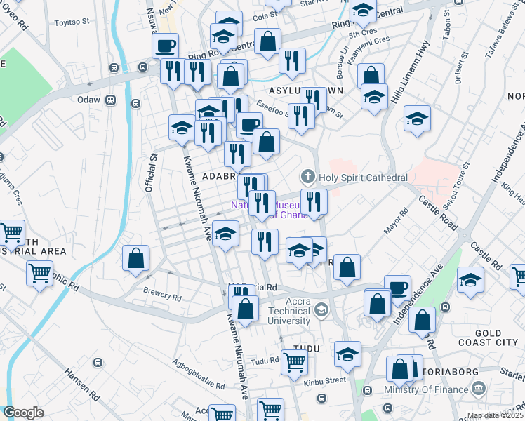 map of restaurants, bars, coffee shops, grocery stores, and more near Tetteh Quarshie Avenue in Accra