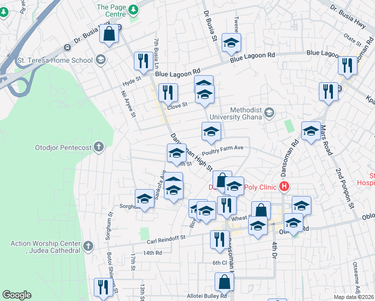 map of restaurants, bars, coffee shops, grocery stores, and more near Dansoman High Street in Accra