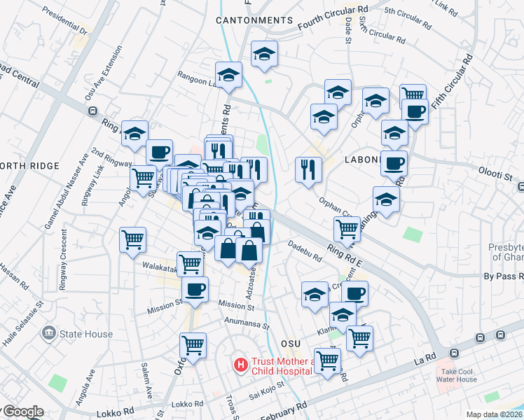map of restaurants, bars, coffee shops, grocery stores, and more near Ring Road East in Accra