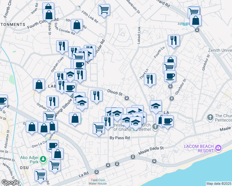 map of restaurants, bars, coffee shops, grocery stores, and more near Olooti Street in Accra