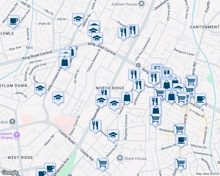 map of restaurants, bars, coffee shops, grocery stores, and more near in Accra