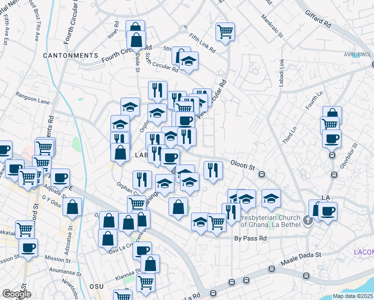 map of restaurants, bars, coffee shops, grocery stores, and more near Olooti Street in Accra