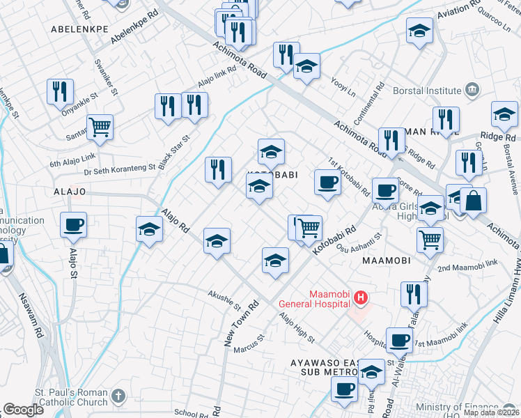 map of restaurants, bars, coffee shops, grocery stores, and more near Asafoatse Mankata Street in Accra