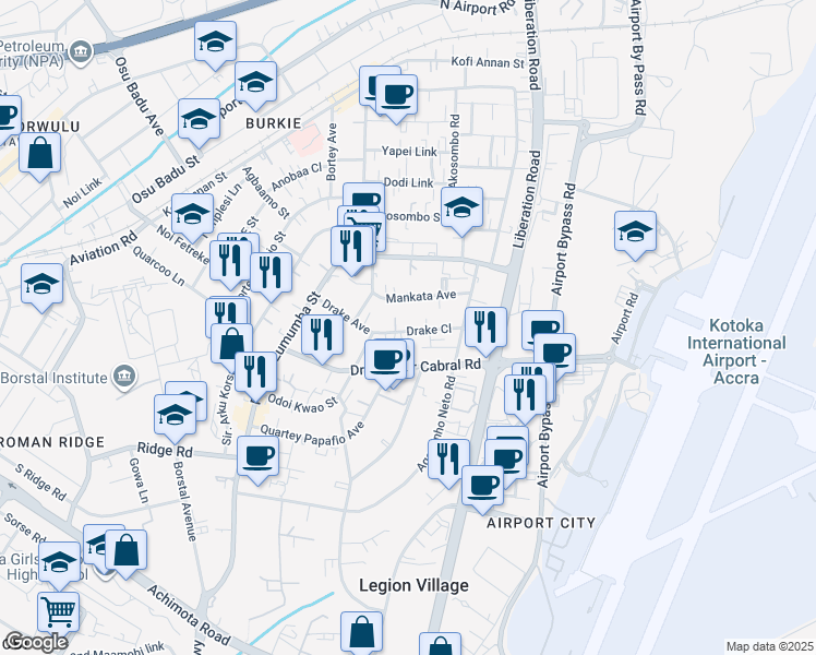 map of restaurants, bars, coffee shops, grocery stores, and more near in Accra