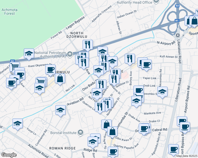 map of restaurants, bars, coffee shops, grocery stores, and more near Osu Badu Crescent in Accra