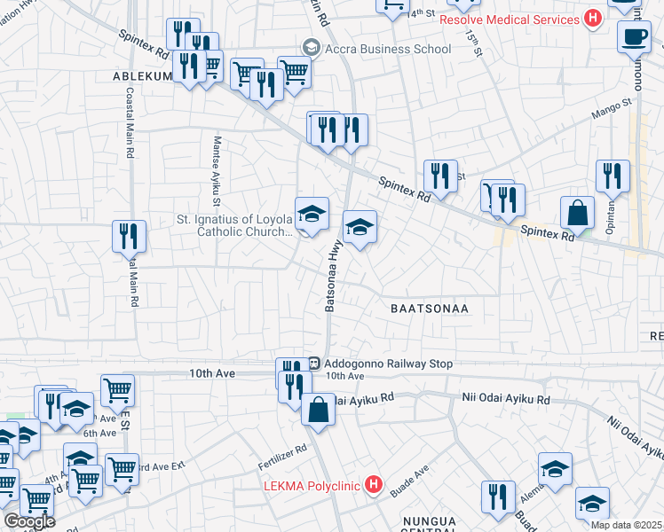 map of restaurants, bars, coffee shops, grocery stores, and more near Batsonaa Highway in Accra