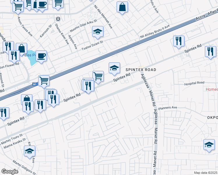 map of restaurants, bars, coffee shops, grocery stores, and more near 35 Spintex Road in Accra