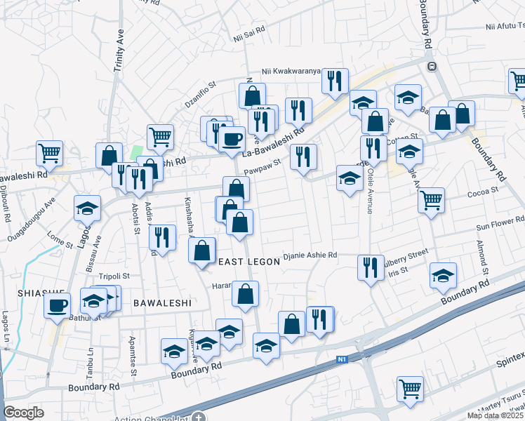 map of restaurants, bars, coffee shops, grocery stores, and more near 38 Nikoi Street in Accra