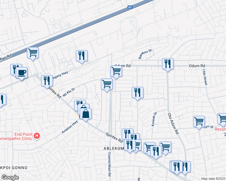 map of restaurants, bars, coffee shops, grocery stores, and more near Unnamed Road in Accra