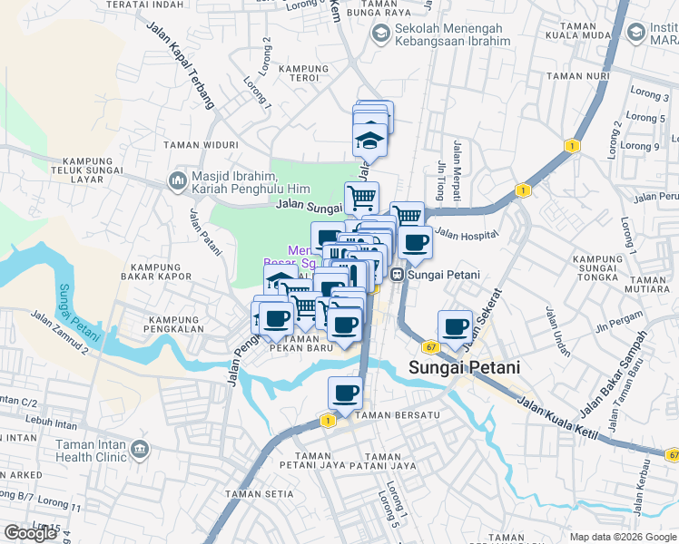 map of restaurants, bars, coffee shops, grocery stores, and more near Jalan Patani in Sungai Petani
