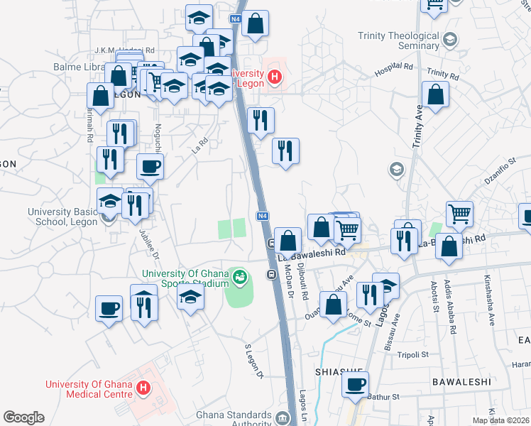 map of restaurants, bars, coffee shops, grocery stores, and more near Legon East Road in Accra