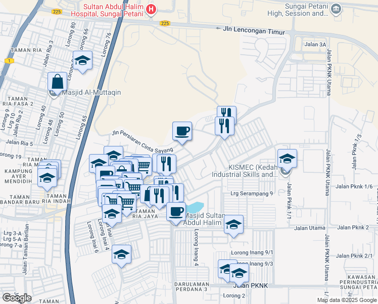 map of restaurants, bars, coffee shops, grocery stores, and more near Persiaran Cinta Sayang in Sungai Petani