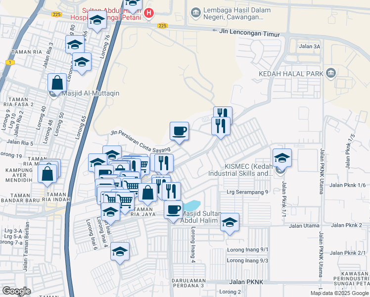 map of restaurants, bars, coffee shops, grocery stores, and more near Persiaran Cinta Sayang in Sungai Petani