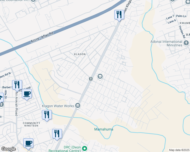 map of restaurants, bars, coffee shops, grocery stores, and more near Ashaiman Klagon Road in Tema
