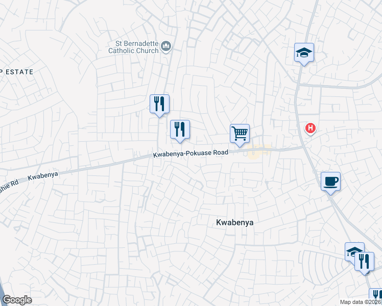 map of restaurants, bars, coffee shops, grocery stores, and more near Kwabenya-Pokuase Road in Kwabenya