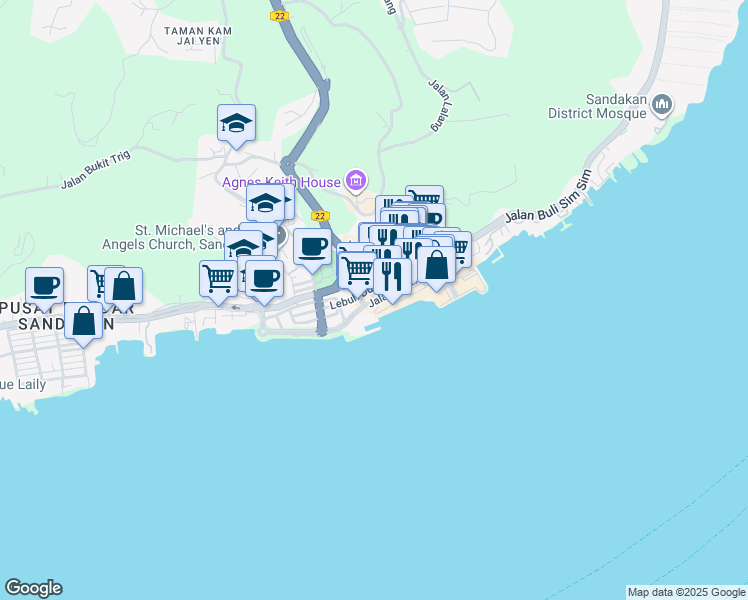 map of restaurants, bars, coffee shops, grocery stores, and more near Jalan Pryer in Sandakan