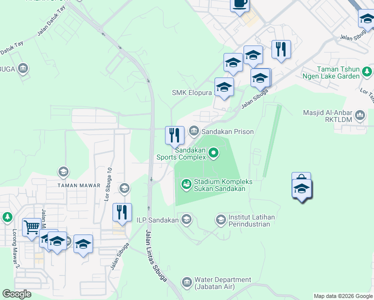 map of restaurants, bars, coffee shops, grocery stores, and more near Jalan Sibuga in Sandakan