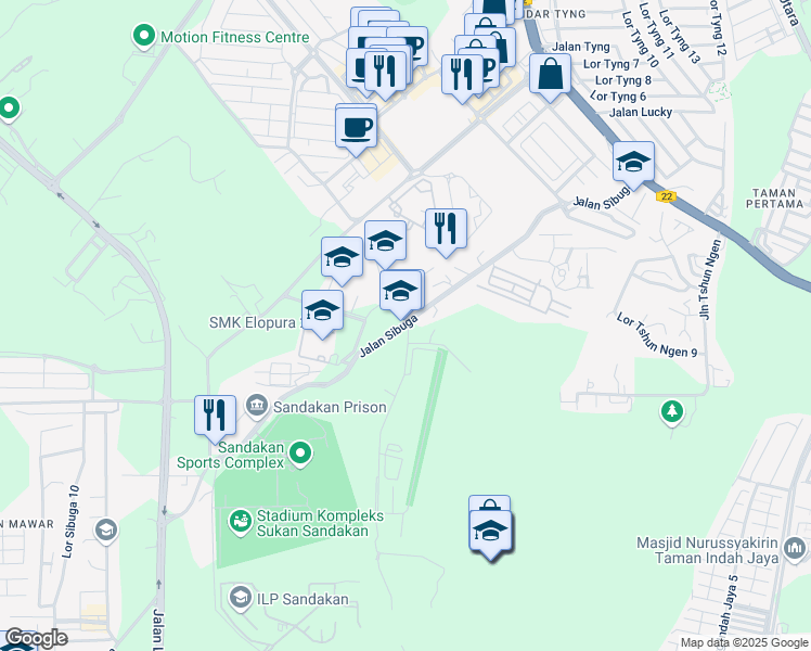map of restaurants, bars, coffee shops, grocery stores, and more near Jalan Sibuga in Sandakan