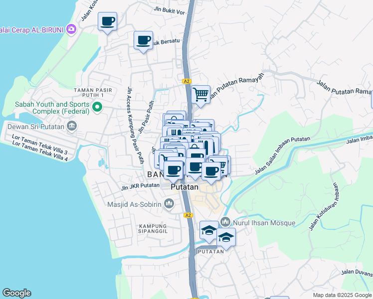 map of restaurants, bars, coffee shops, grocery stores, and more near Jalan Putatan in Penampang