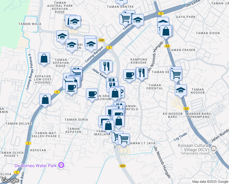 map of restaurants, bars, coffee shops, grocery stores, and more near Jalan Kobusak in Penampang
