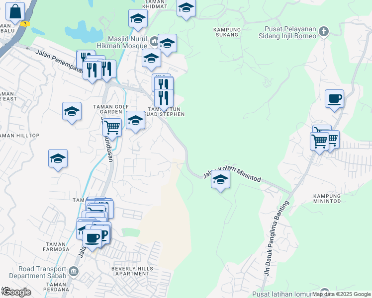 map of restaurants, bars, coffee shops, grocery stores, and more near Jalan Kampung Sukang in Kota Kinabalu