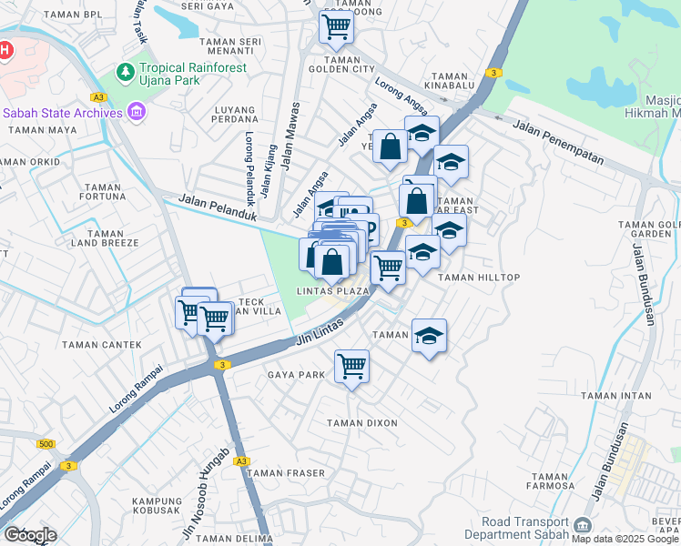 map of restaurants, bars, coffee shops, grocery stores, and more near Lorong Lintas Plaza 2 in Kota Kinabalu