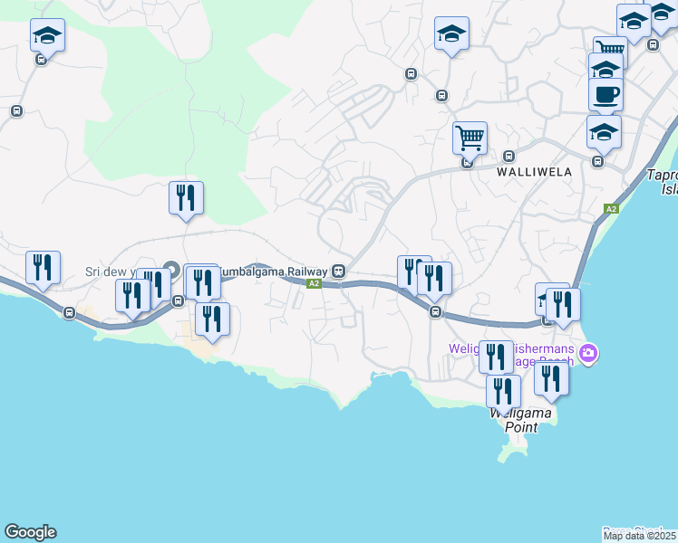 map of restaurants, bars, coffee shops, grocery stores, and more near Matara Road in Weligama