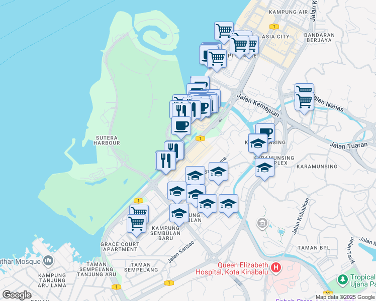 map of restaurants, bars, coffee shops, grocery stores, and more near Jalan Coastal in Kota Kinabalu