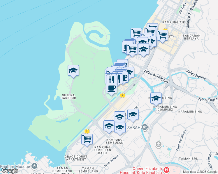 map of restaurants, bars, coffee shops, grocery stores, and more near Jalan Coastal in Kota Kinabalu