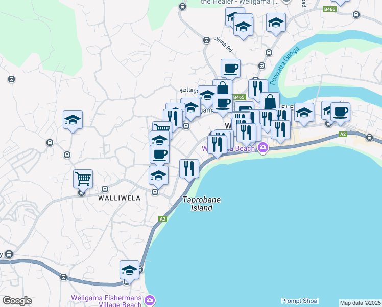 map of restaurants, bars, coffee shops, grocery stores, and more near Matara Road in Weligama