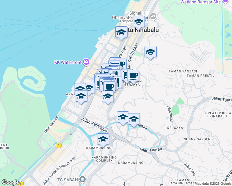 map of restaurants, bars, coffee shops, grocery stores, and more near Jalan Singgah Mata in Kota Kinabalu