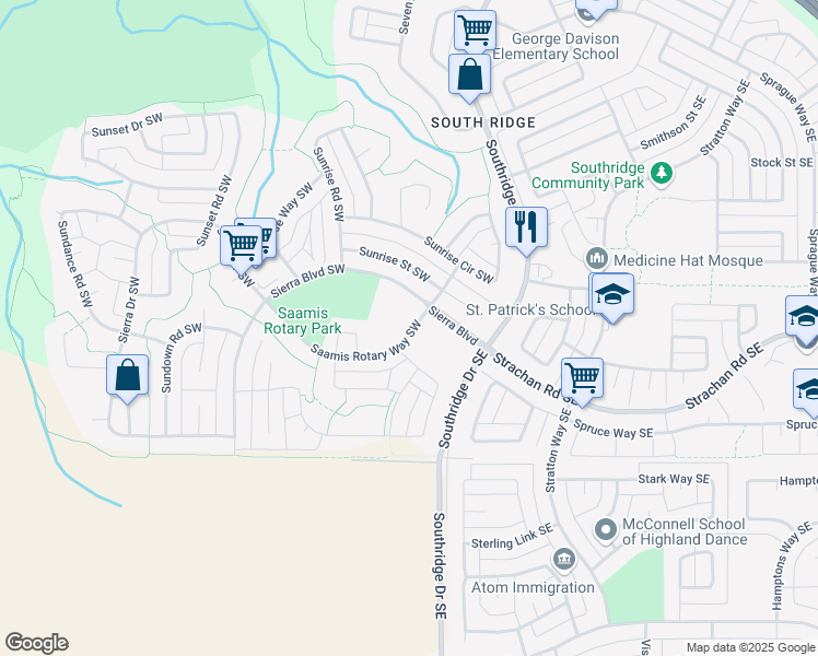 map of restaurants, bars, coffee shops, grocery stores, and more near 20 Saamis Rotary Way Southwest in Medicine Hat