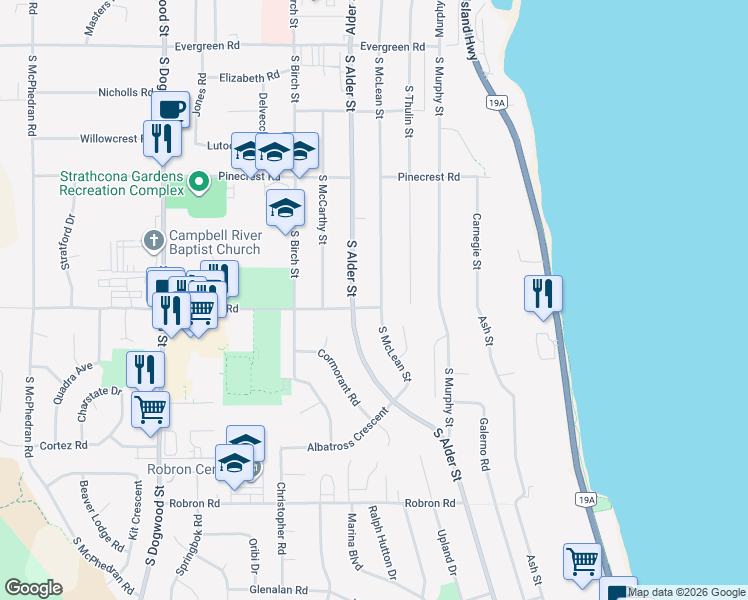 map of restaurants, bars, coffee shops, grocery stores, and more near 396 South McLean Street in Campbell River