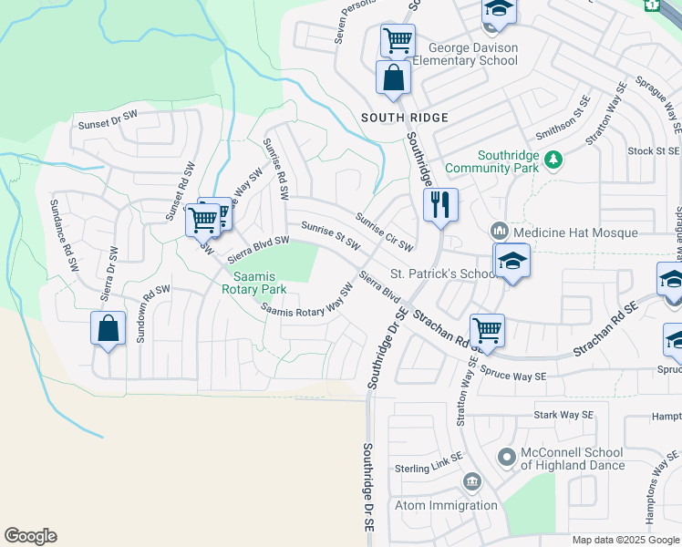 map of restaurants, bars, coffee shops, grocery stores, and more near 20 Saamis Rotary Way Southwest in Medicine Hat