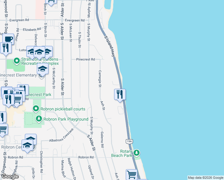 map of restaurants, bars, coffee shops, grocery stores, and more near in Campbell River