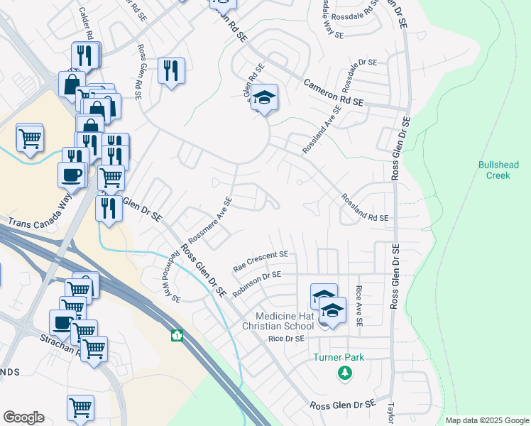 map of restaurants, bars, coffee shops, grocery stores, and more near 53 Rossmere Way Southeast in Medicine Hat