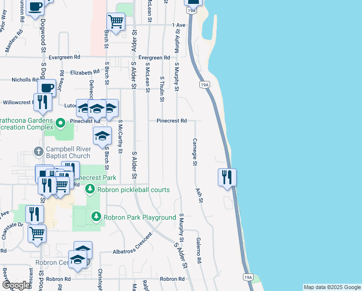 map of restaurants, bars, coffee shops, grocery stores, and more near 279 South Murphy Street in Campbell River