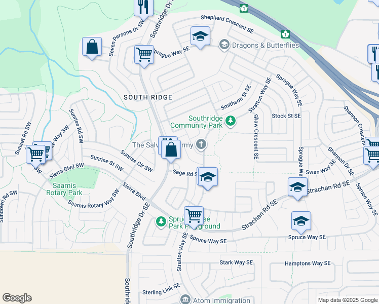 map of restaurants, bars, coffee shops, grocery stores, and more near 50 Sage Place Southeast in Medicine Hat