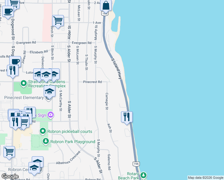 map of restaurants, bars, coffee shops, grocery stores, and more near 241 Carnegie Street in Campbell River