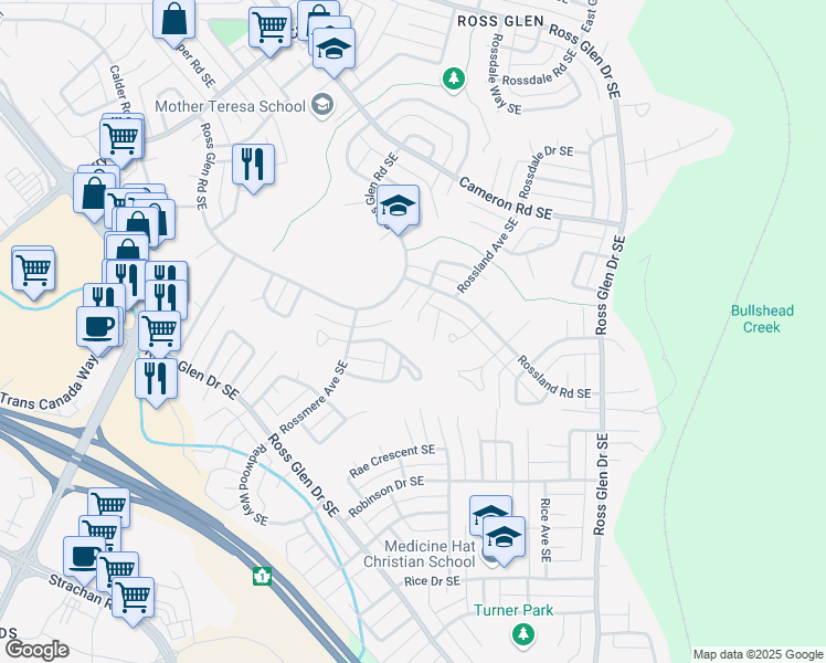 map of restaurants, bars, coffee shops, grocery stores, and more near 42 Rossmere Close Southeast in Medicine Hat