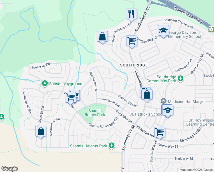 map of restaurants, bars, coffee shops, grocery stores, and more near 166 Sunrise Road Southwest in Medicine Hat