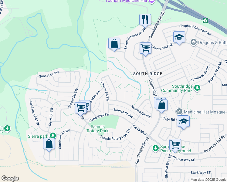 map of restaurants, bars, coffee shops, grocery stores, and more near 165 Sunrise Road Southwest in Medicine Hat